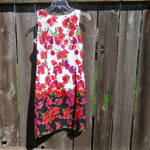 Chaps Floral Sleeveless Sheath Dress White Black Red Poppy Print Cotton Blend 4 - Picture 1 of 12